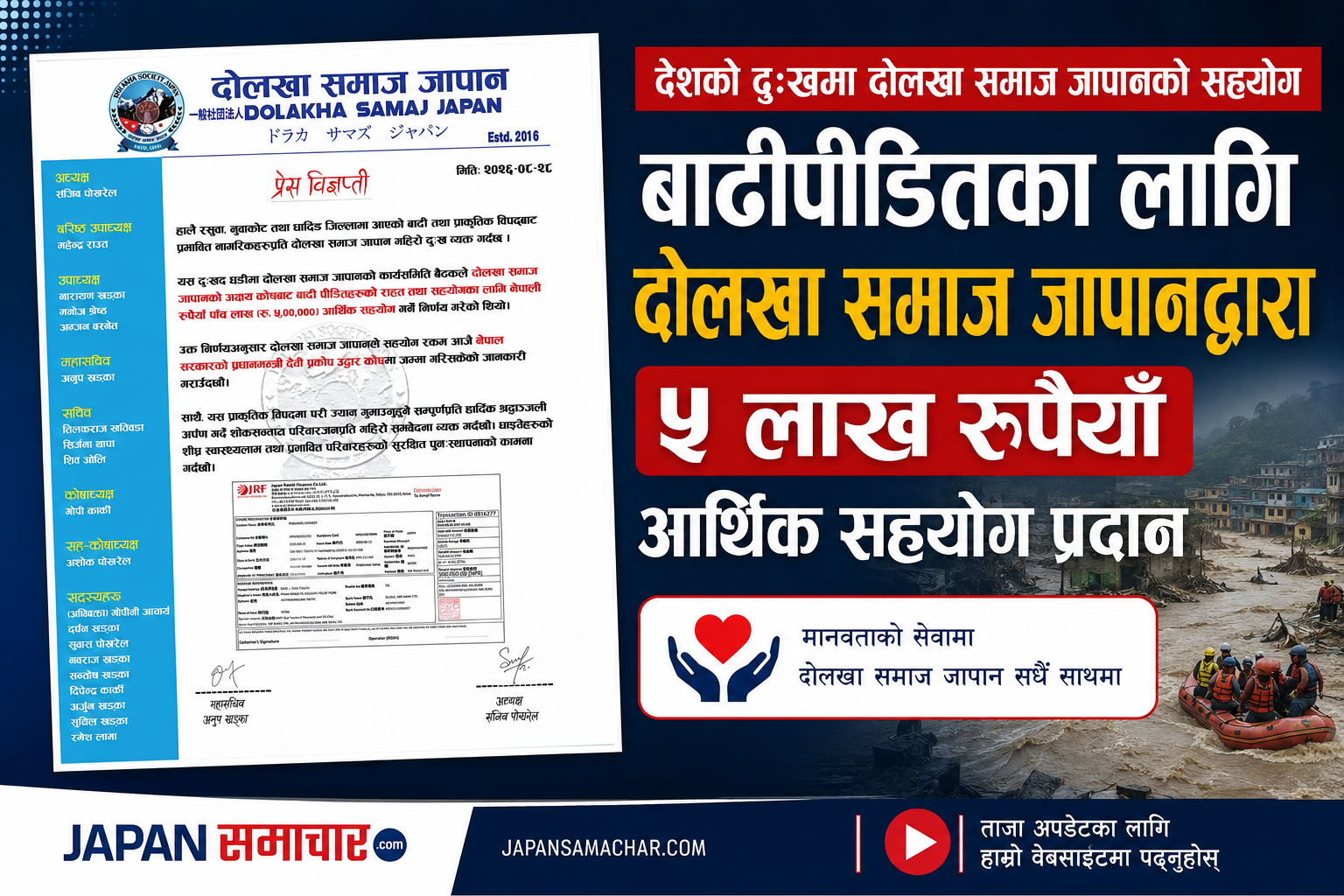 रसुवा, नुवाकोट बाढीपीडितका लागि दोलखा समाज जापानद्वारा ५ लाख रुपैयाँ सहयोग