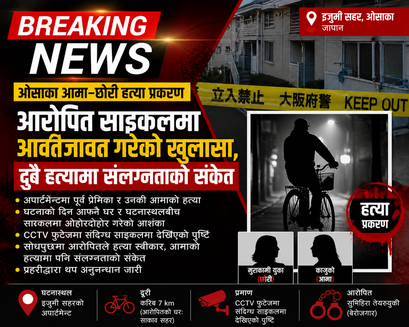 ओसाका आमा–छोरी हत्या प्रकरण : आरोपित साइकलमा आवतजावत गरेको खुलासा, दुवै हत्यामा संलग्नताको संकेत