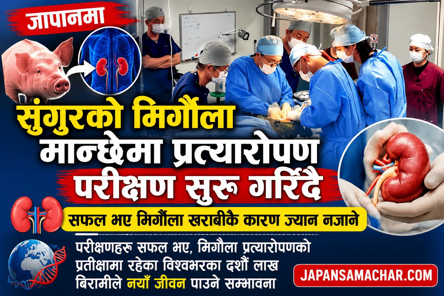 जापानमा सुँगुरको मिर्गौला मान्छेमा प्रत्यारोपण परीक्षण सुरु गरिंदै, सफल भए मिर्गौला खराबीकै कारण ज्यान नजाने