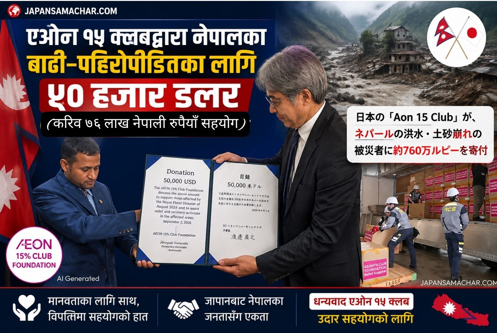 जापानको एओन १५ क्लबद्धारा नेपालका बाढी-पहिरोपीडितका लागि करिव ७६ लाख रुपैयाँ सहयोग