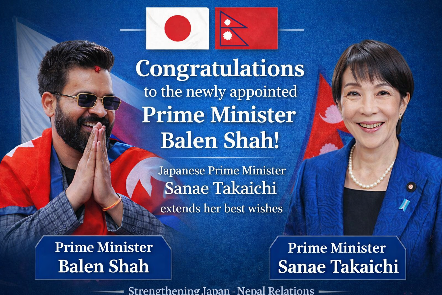 नवनियुक्त प्रधानमन्त्री बालेनलाई जापानी प्रधानमन्त्री ताकाइचीद्धारा बधाई शुभकामना व्यक्त