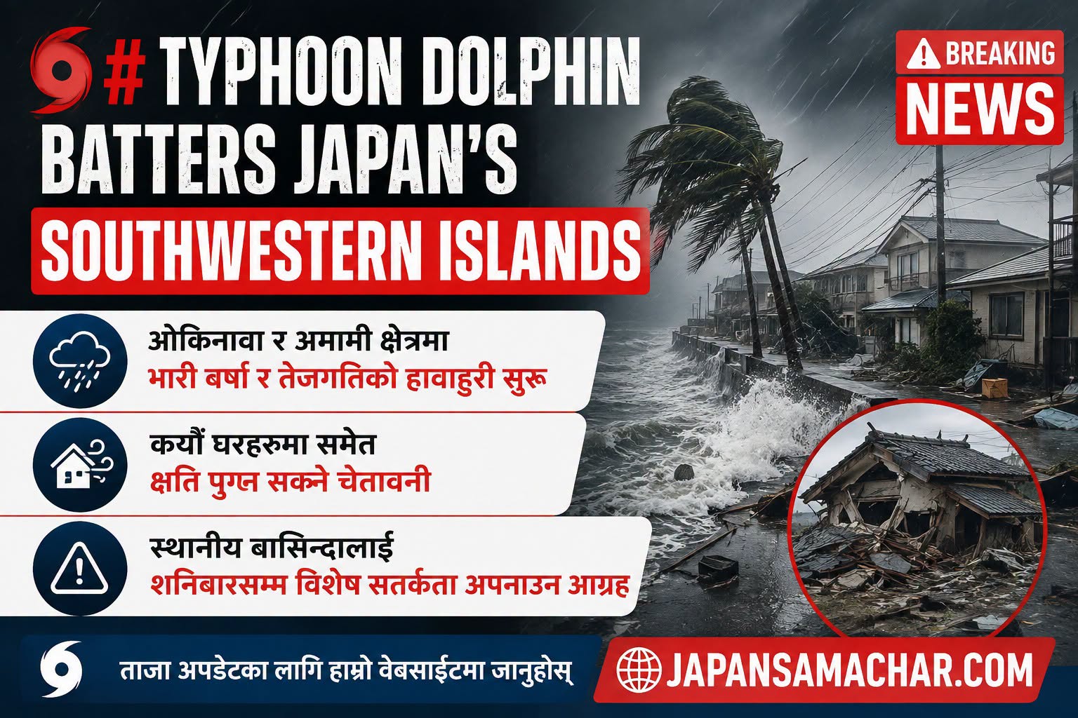 जापानको ओकिनावा र अमामी क्षेत्रमा शक्तिशाली डल्फिन ताईफुले जनजिवन अस्तव्यस्त