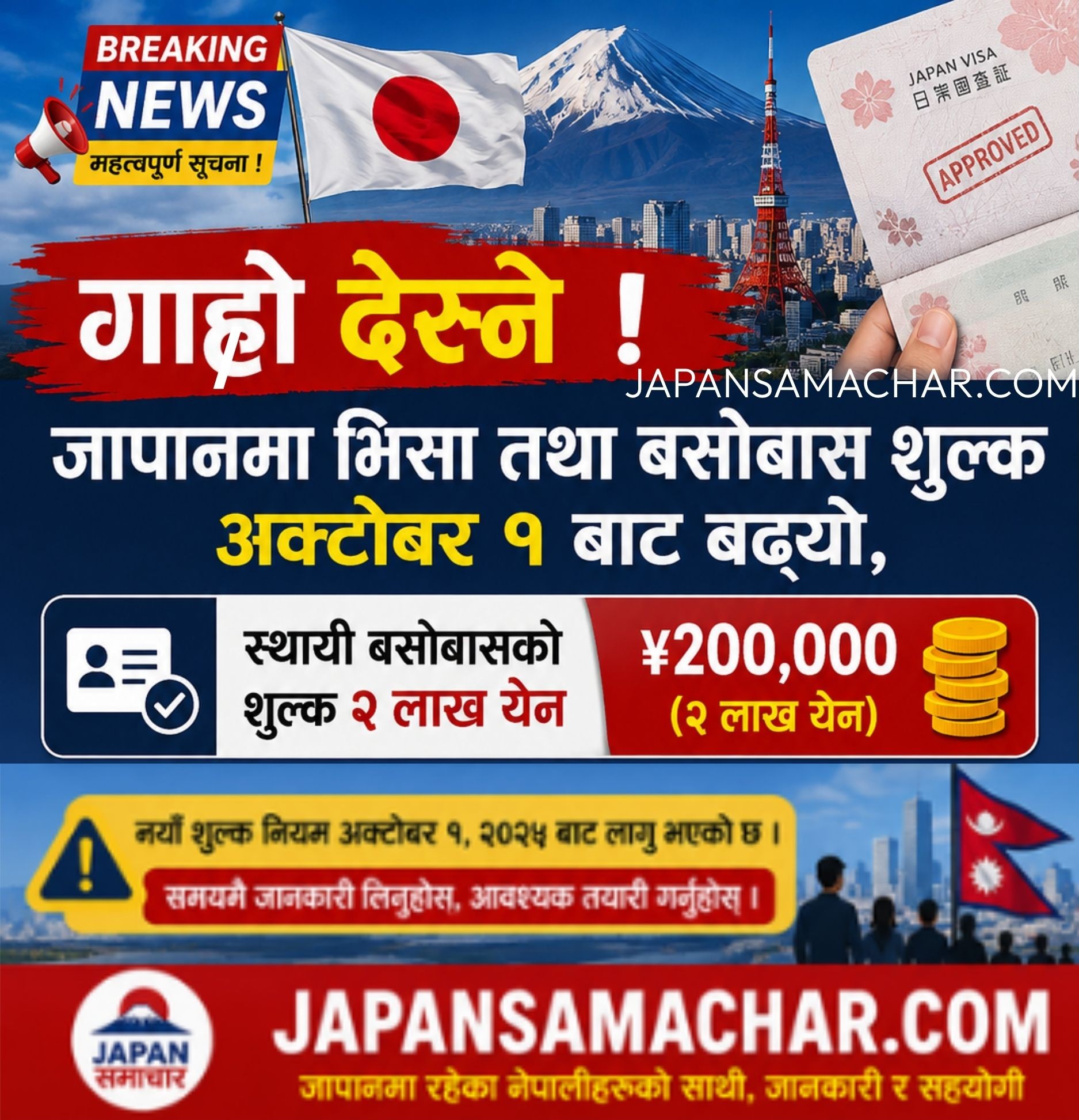 जापानमा भिसा शुल्क अक्टोबर १ बाट फेरि बढ्ने घोषणा, स्थायी बसोबासको शुल्क २ लाख येन पुग्यो