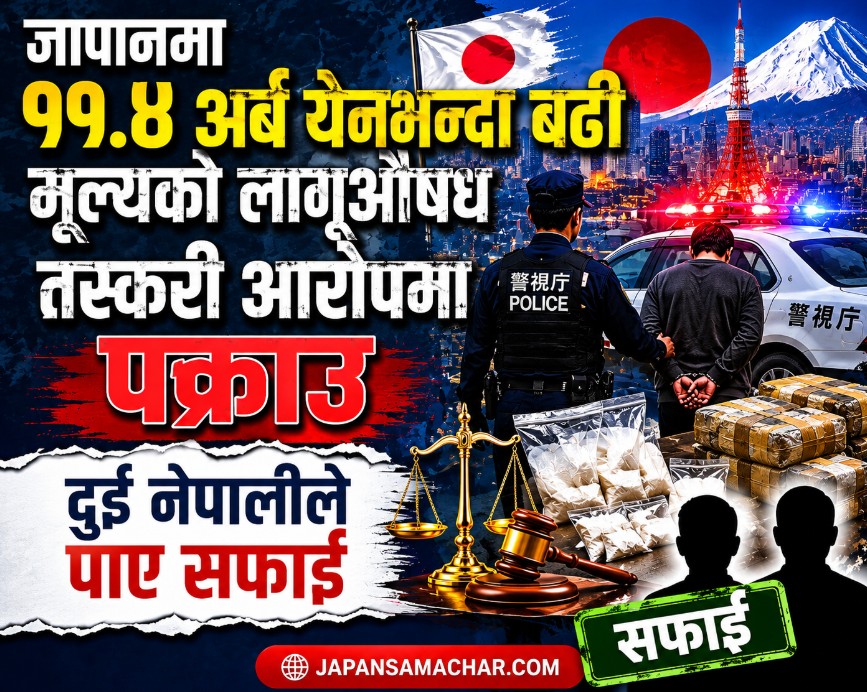 जापानमा ११ अर्ब येनभन्दा बढी मूल्यको लागूऔषध तस्करी प्रकरण : दुई नेपालीमाथि मुद्दा नचलाइने